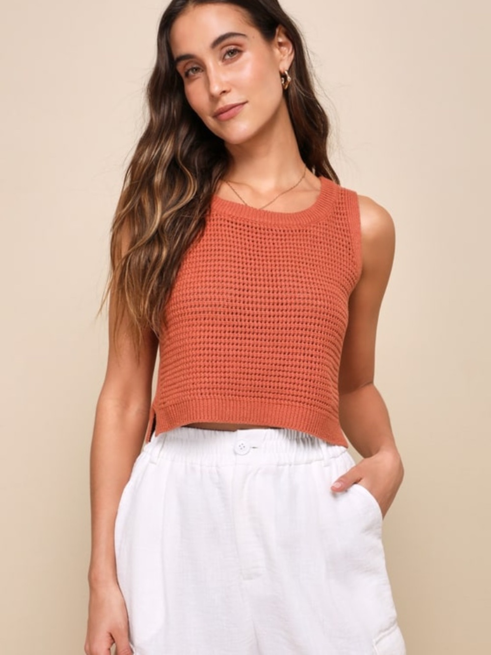 Lulus Get The Look Rust Orange Loose Knit Sweater Tank Top - Size Large